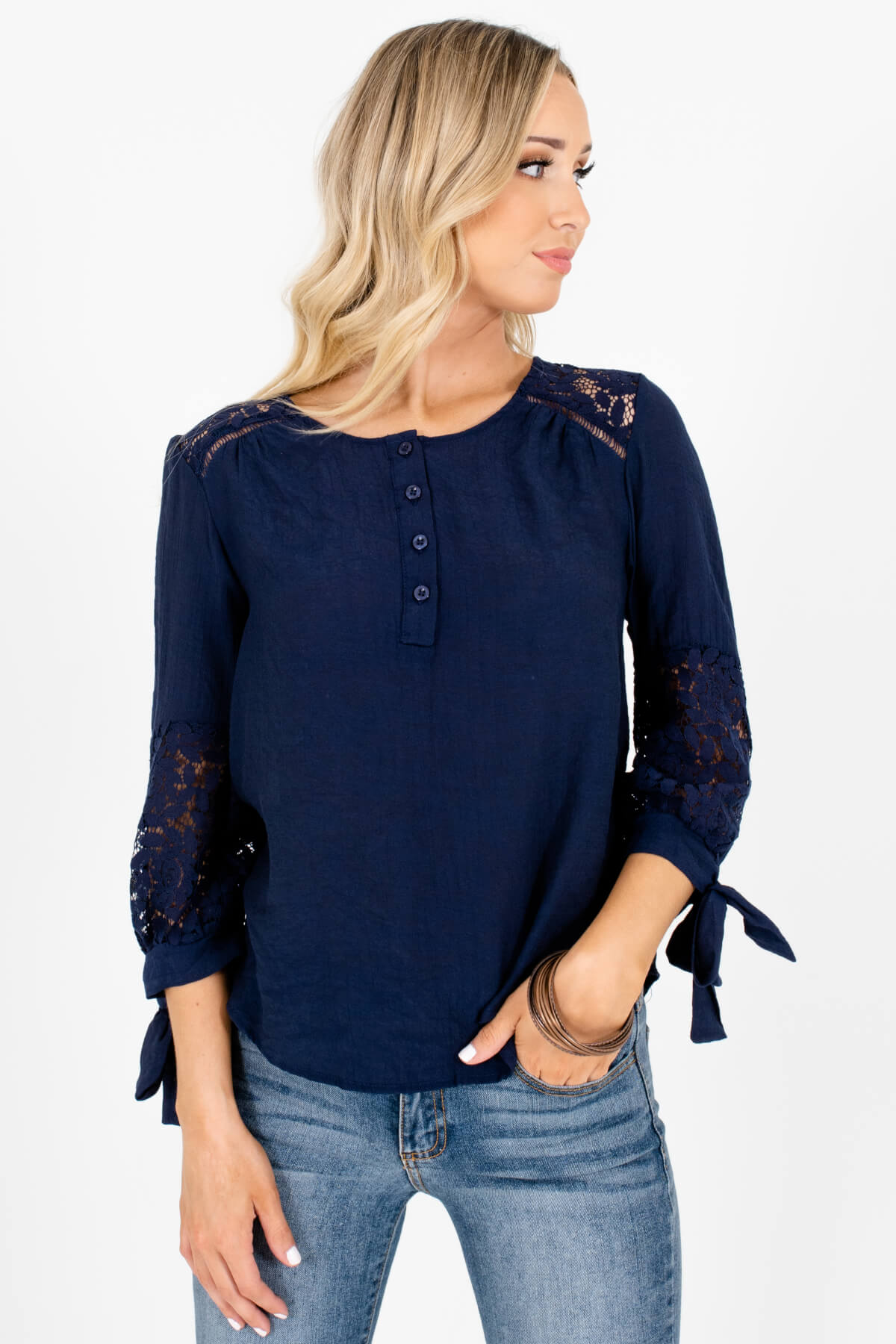 Navy Blue Crochet Lace 3/4 Sleeve Tops and Blouses for Women