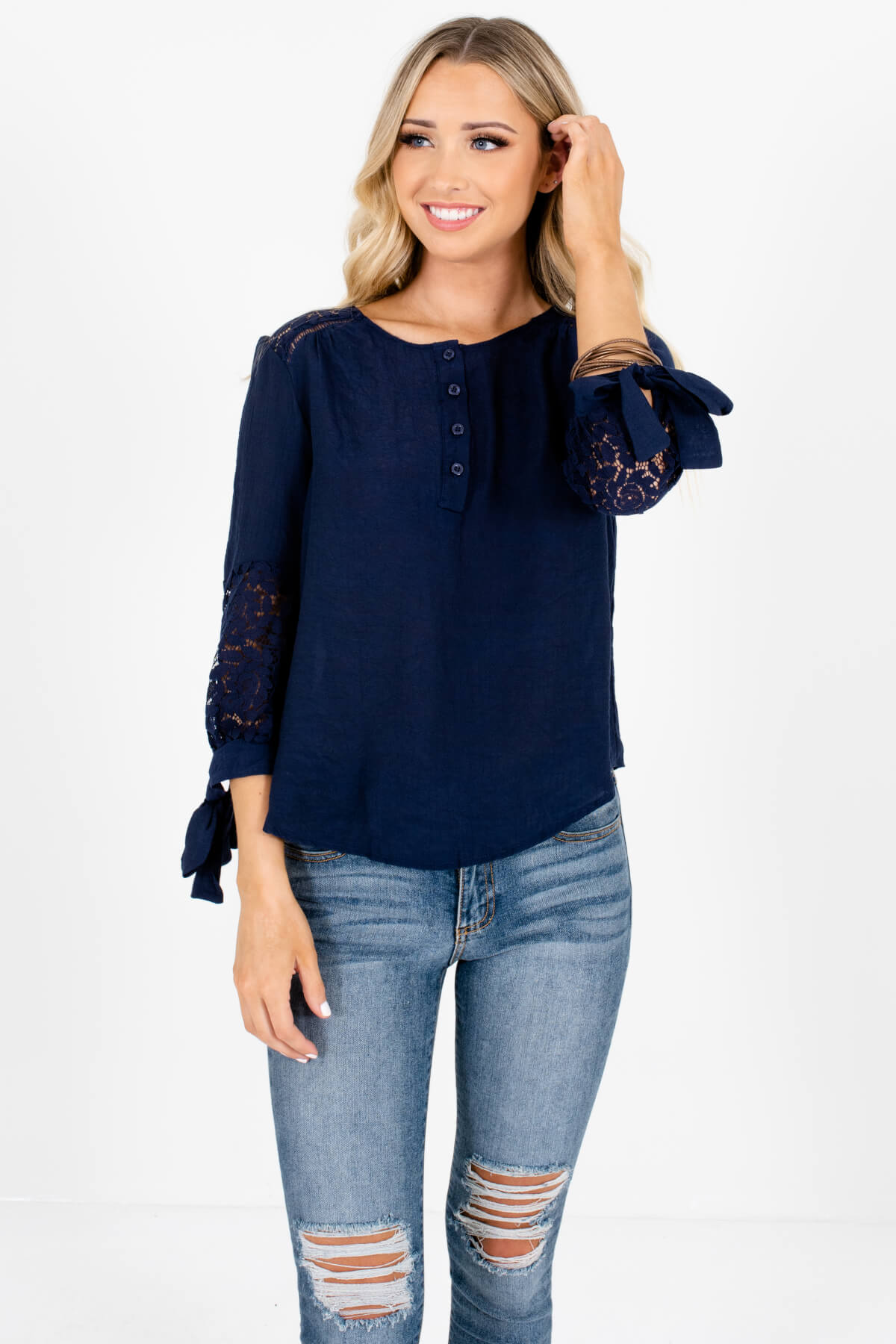 Navy Blue Crochet Lace 3/4 Sleeve Tops Affordable Online Boutique