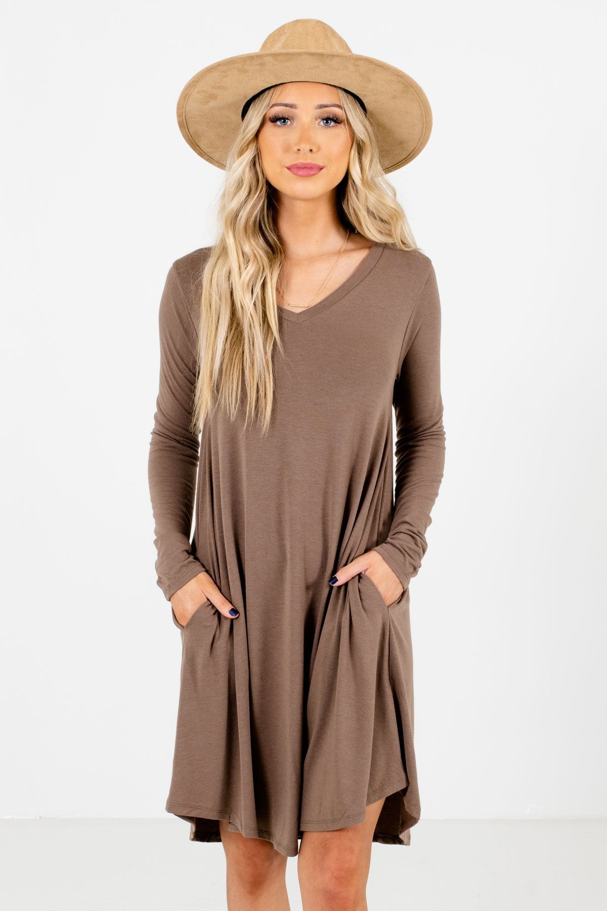 Brown Long Sleeve Boutique Mini Dresses for Women