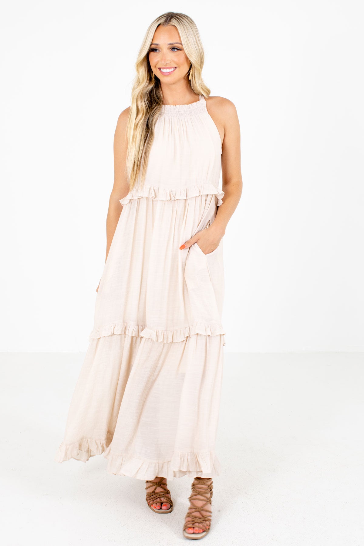 Beige Boutique Maxi Dress with Pockets for Women