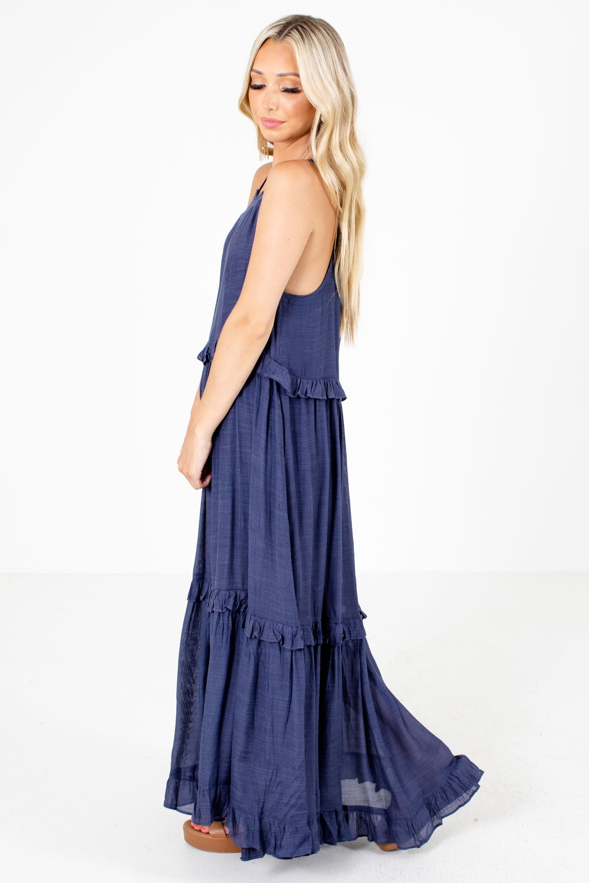 Women's Navy Blue Flowy Silhouette Boutique Maxi Dress