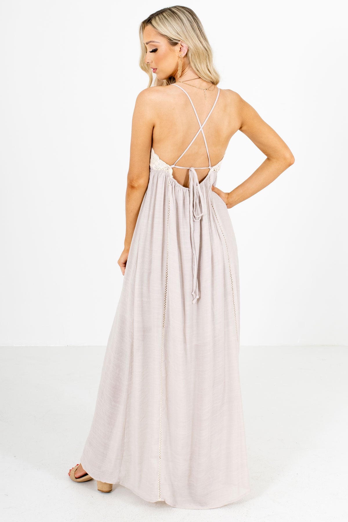 Women's Taupe Brown Open Back Boutique Maxi Dress