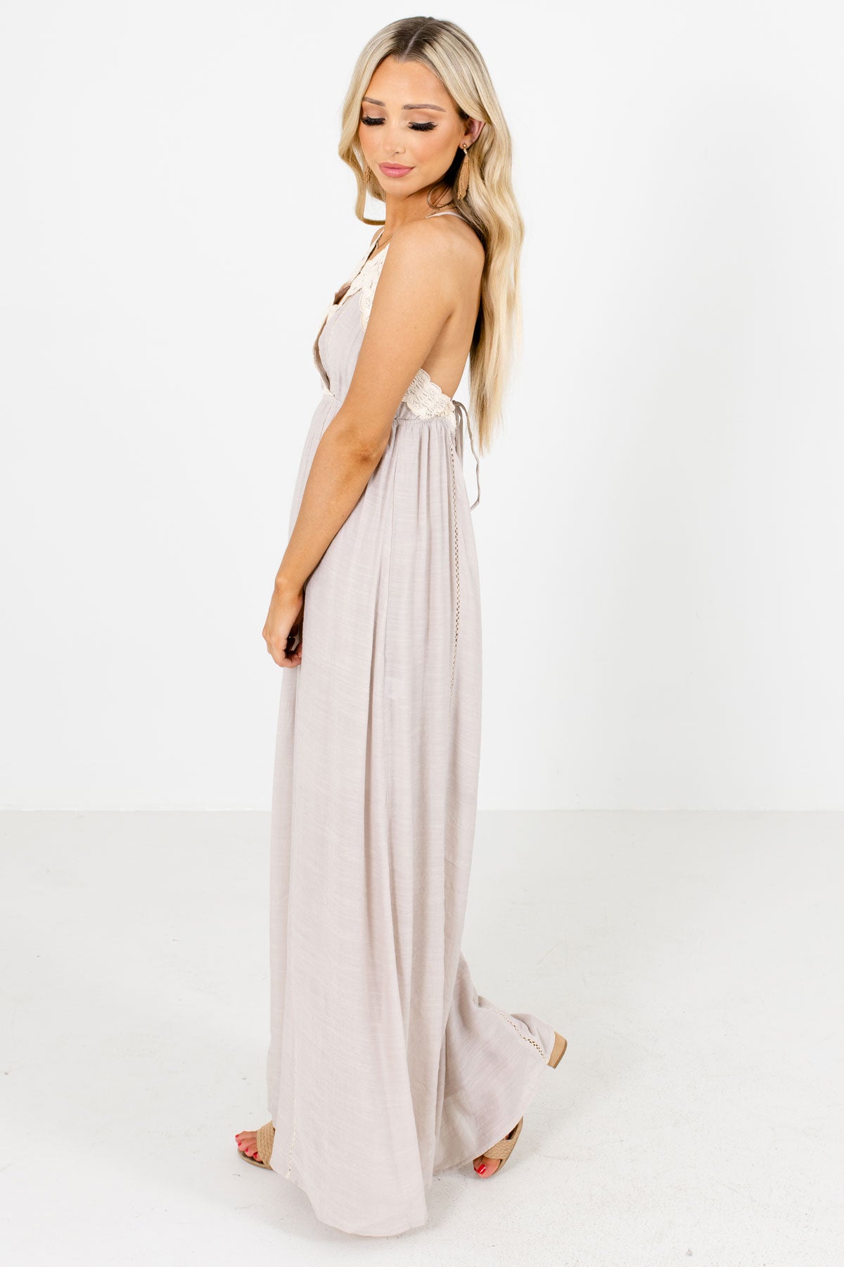 Taupe Brown Partially Lined Boutique Maxi Dresses for Women