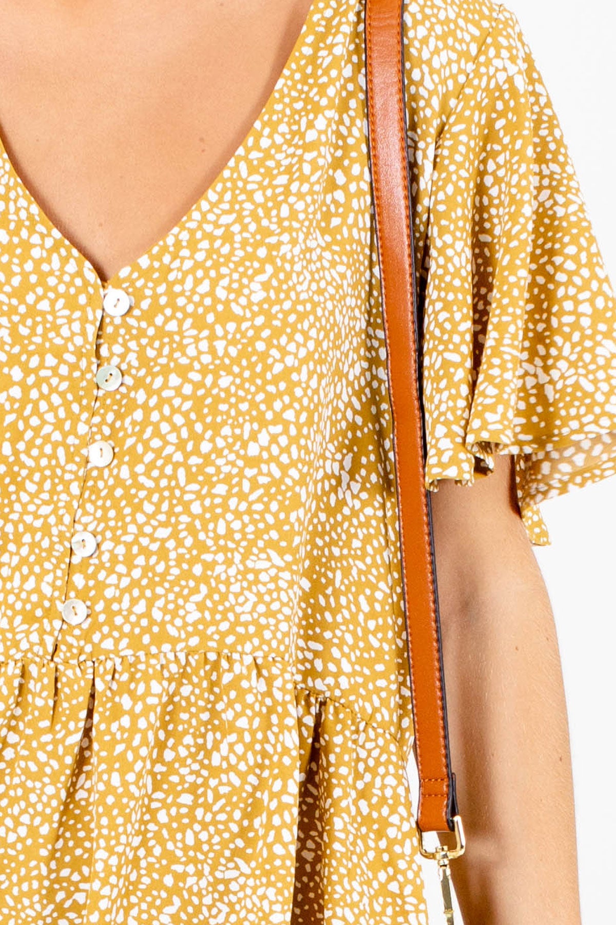 Yellow Print Dress with Butterfly Sleeves and Button Front. 