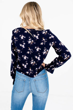 Navy Floral Print Drawstring Ruched Bodice Tops for Women