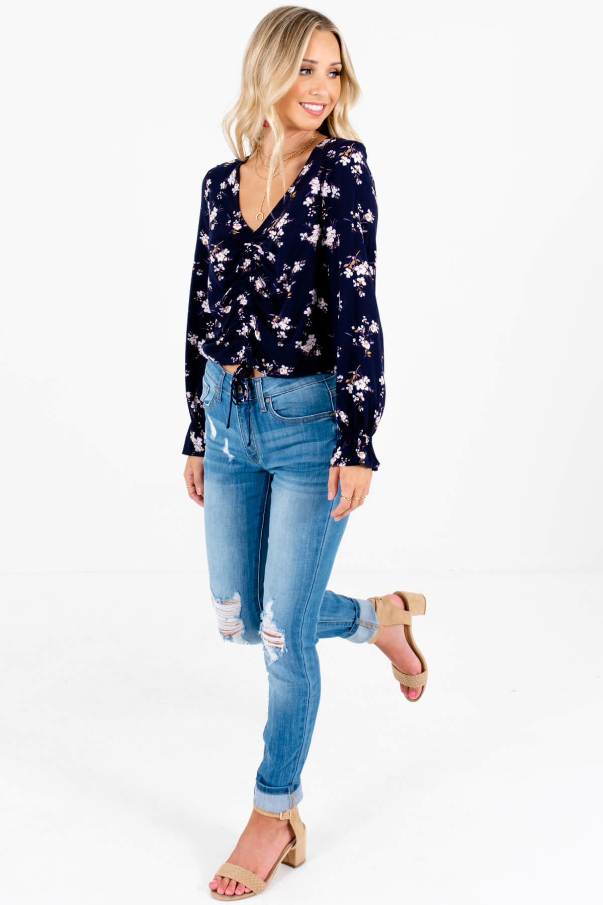 Navy Blue Cherry Blossom Floral Print Ruched Tops for Women