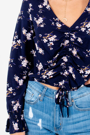 Navy Blue Floral Print Ruched Bodice Long Sleeve Tops for Women