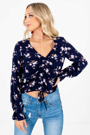 Navy Pink Cherry Blossom Floral Print Ruched Bodice Tops