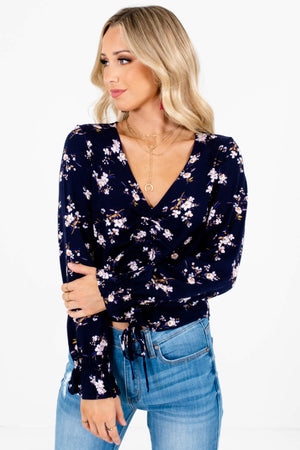 Navy Blue Pink White Floral Print Ruched Bodice Tops