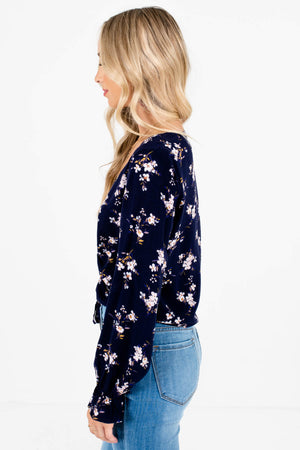 Navy Blue Floral Print Ruched Tops Affordable Online Boutique
