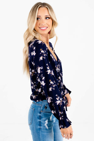 Navy Blue Floral Print Long Sleeve Ruched Tops for Women