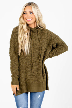 Popcorn Knit Pullover Hoodie with Drawstrings in Dark Green