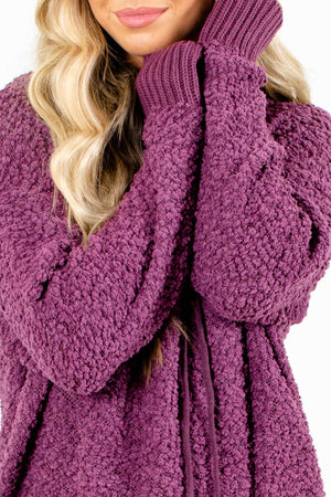 Popcorn Knit Hoodie with Drawstrings in Purple
