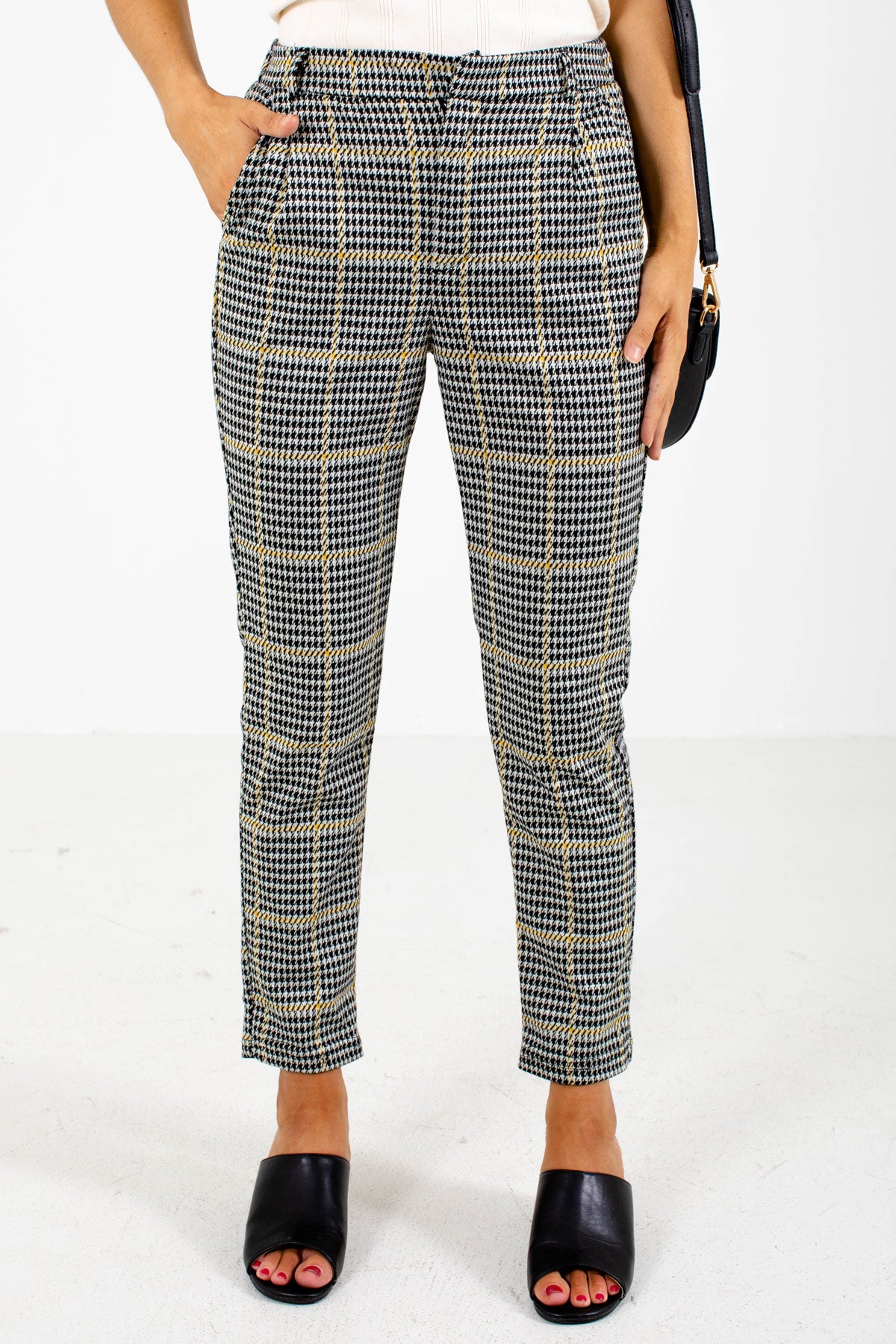 Mustard and Gray Houndstooth Patterned Boutique Pants for Women