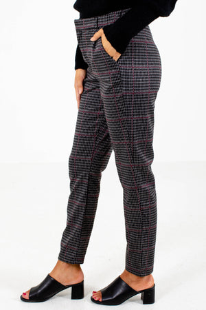 Women's Wine and Black Houndstooth Patterned Boutique Pants