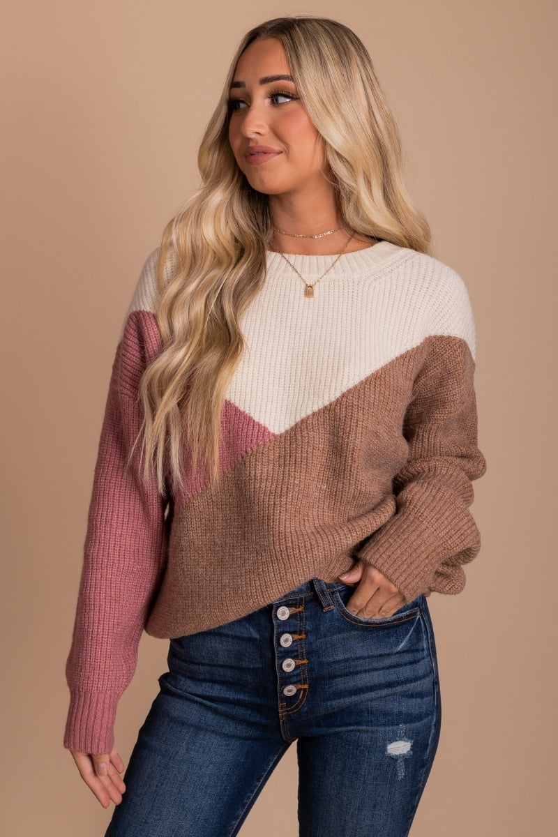 Color Block Sweater in Cream, Pink, and Brown