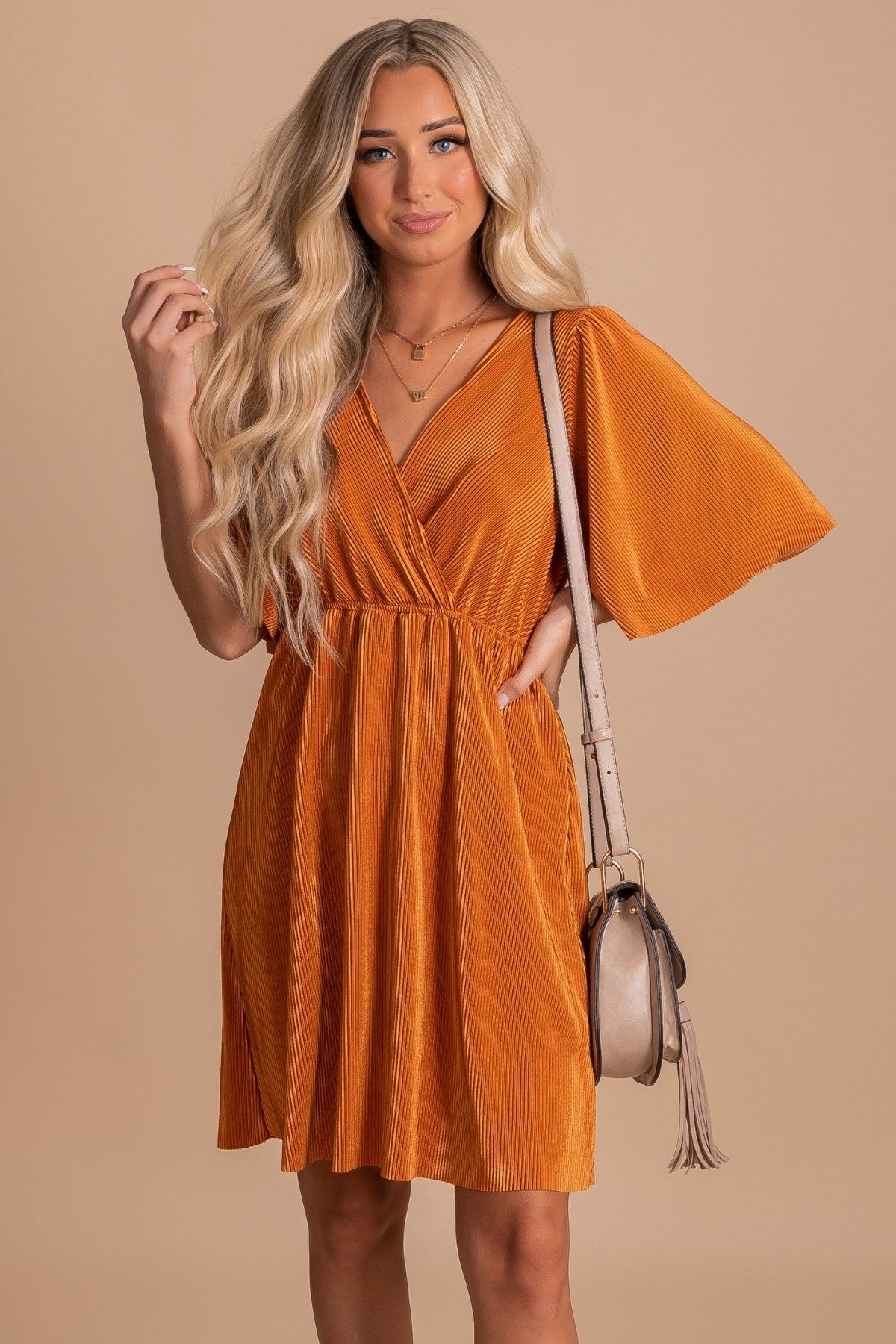 Comfortable Short Dress with Shimmery Fabric in Cognac Orange