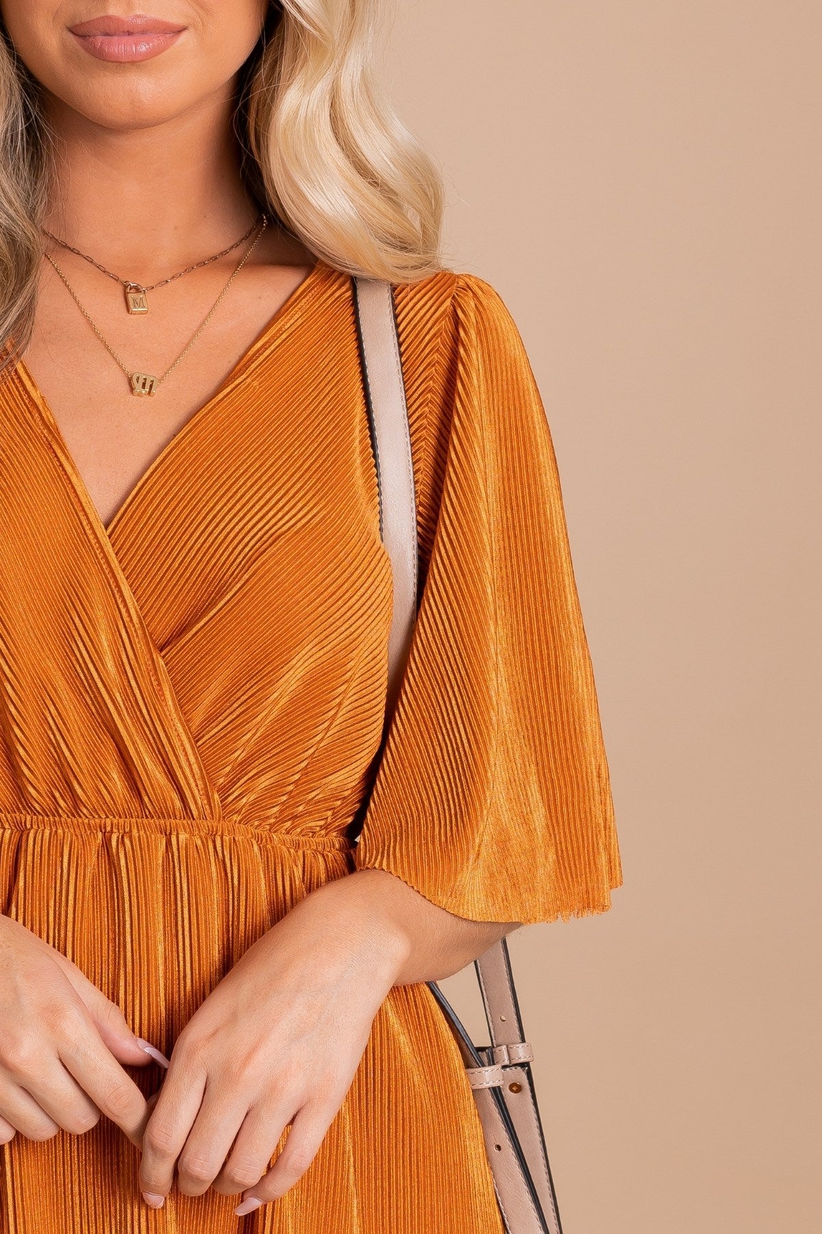 Faux Wrap Dress with Ribbed Material in Cognac Orange 