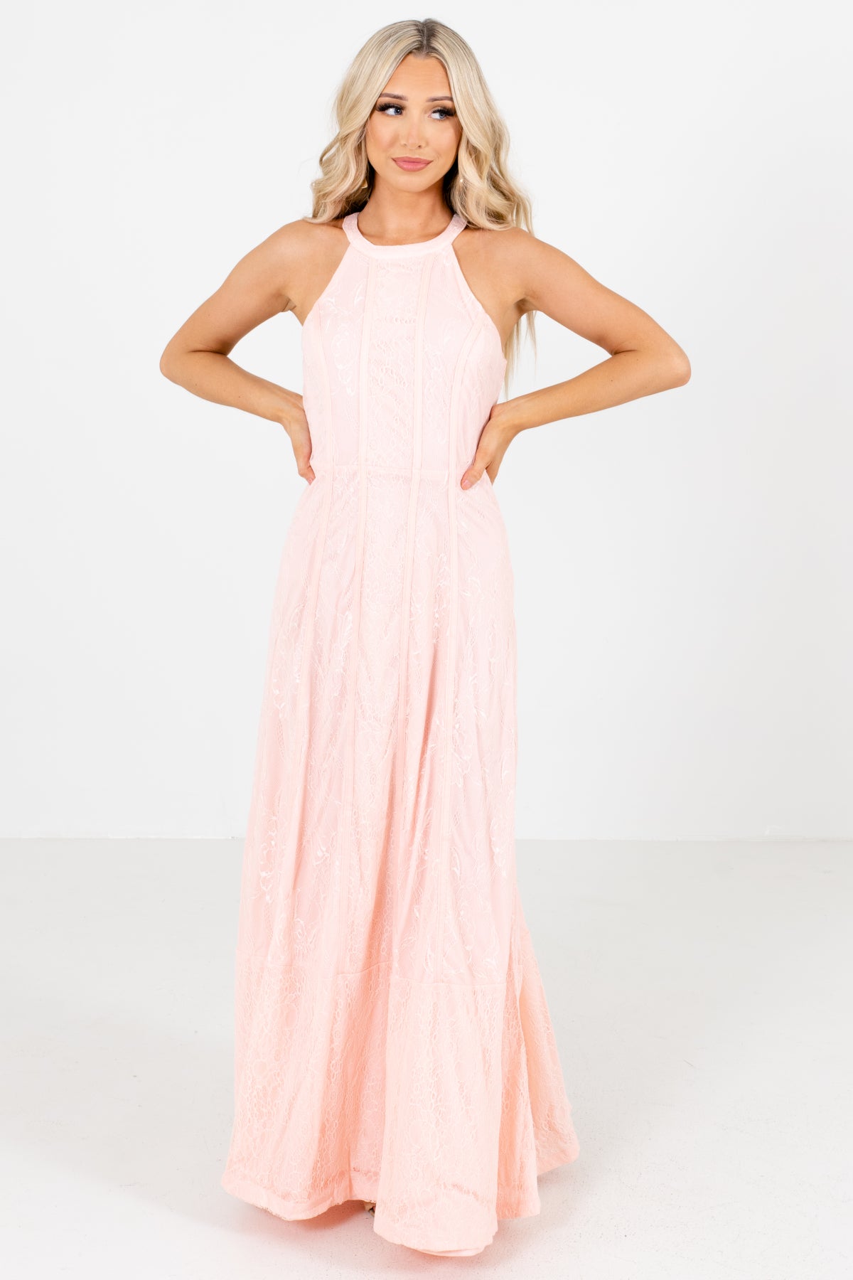 Peach Pink Halter Style Neckline Boutique  Maxi Dresses for Women