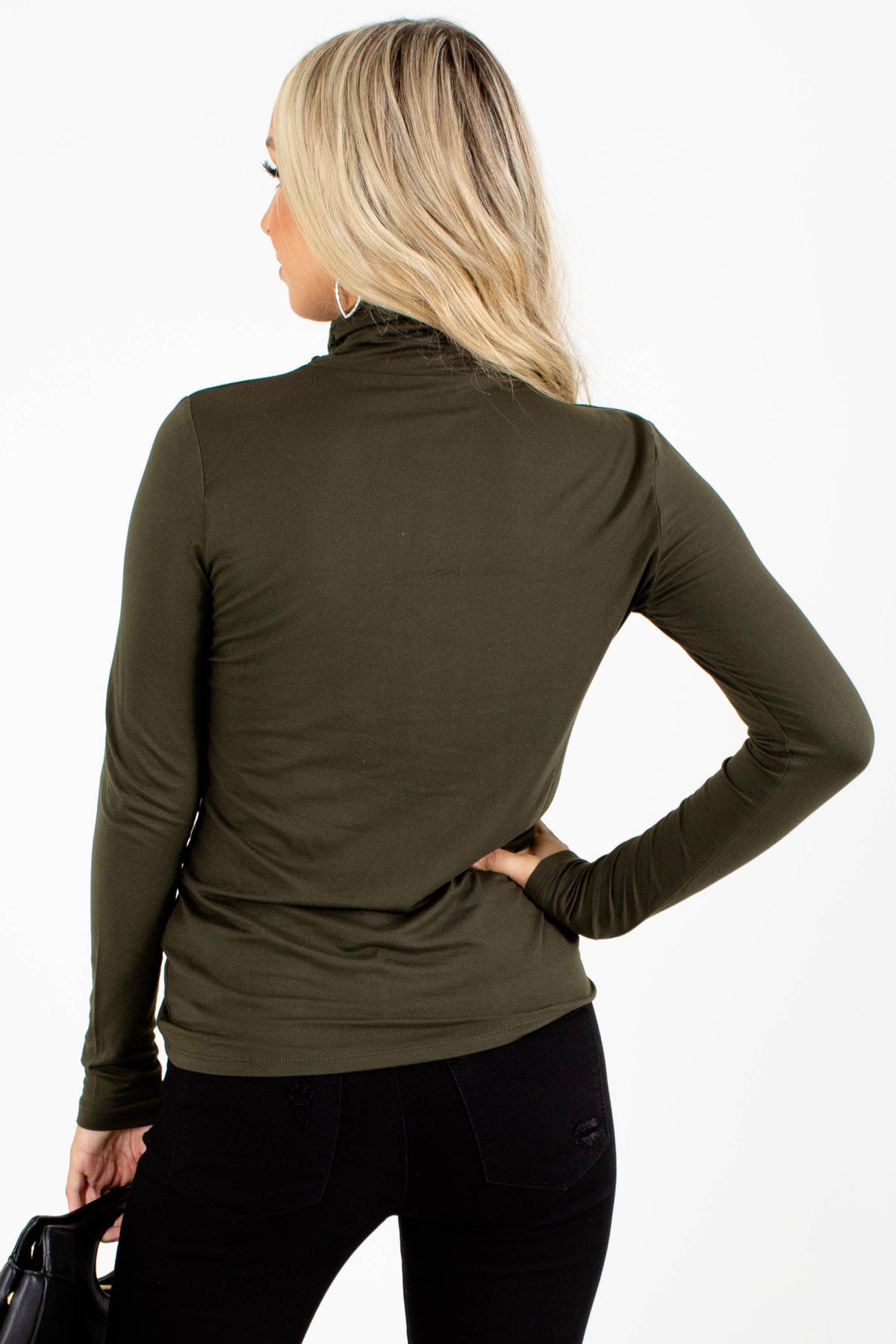 Basic Long Sleeve Turtleneck Top for Women in Olive Green