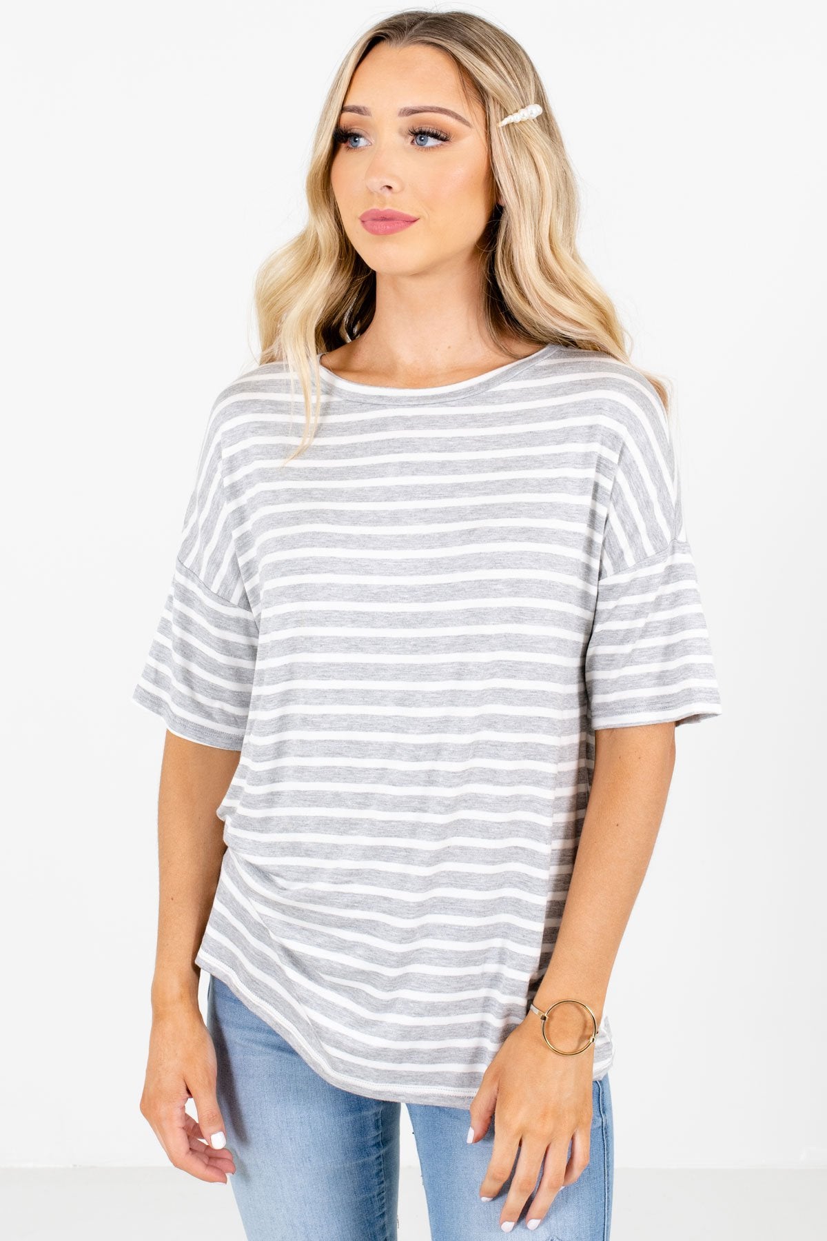 Gray and White Striped Boutique Tops for Women