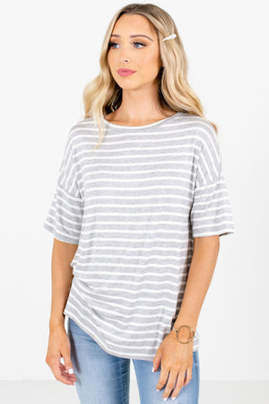 Gray and White Striped Boutique Tops for Women