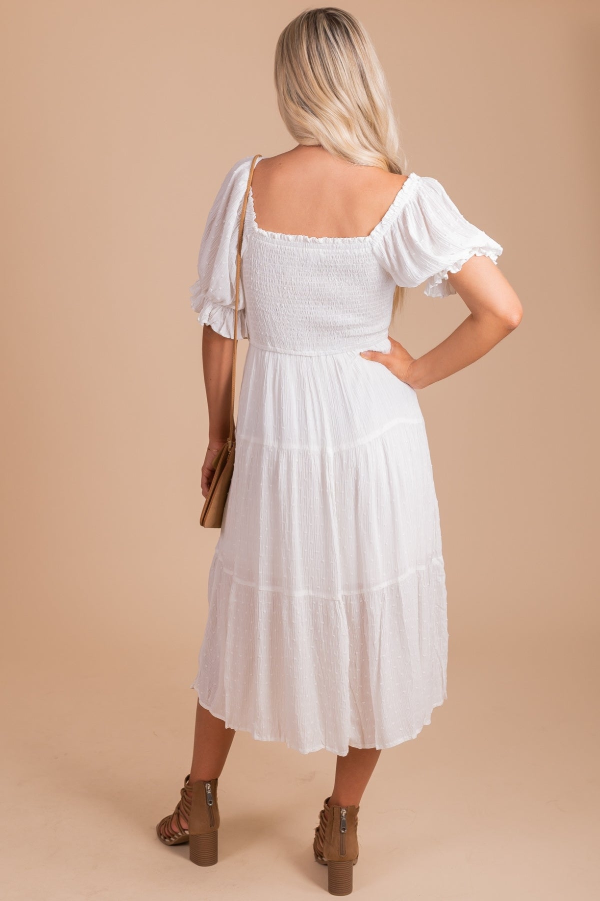 Smocked Dress with Tiered Skirt in White