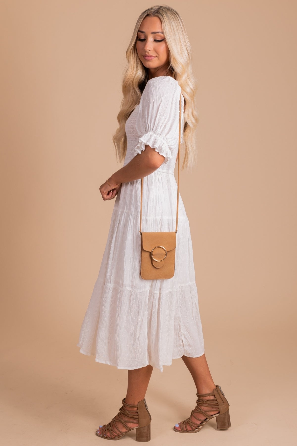 White Midi Dress for Women with Puff Sleeves