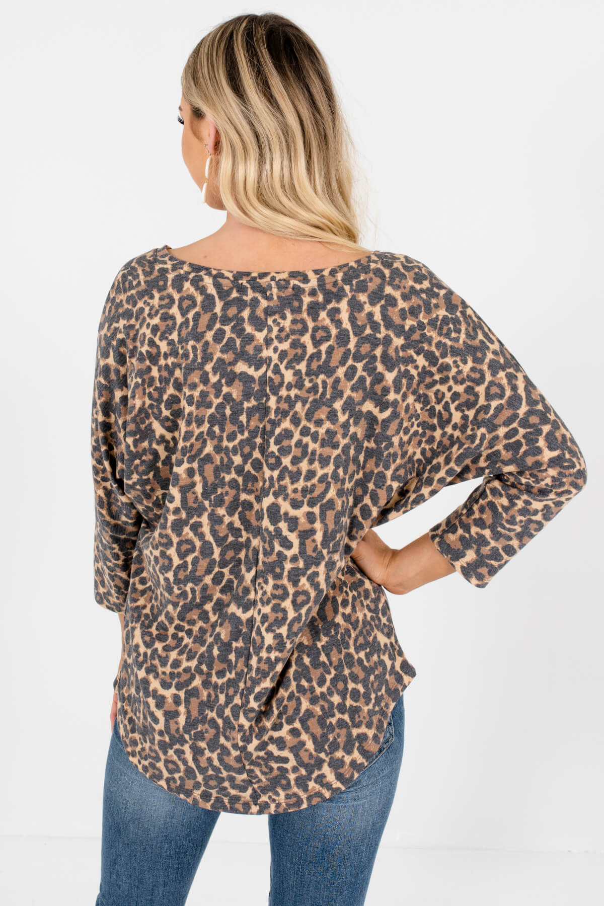 Beige Brown Faded Leopard Print Dolman Sleeve Tops for Women