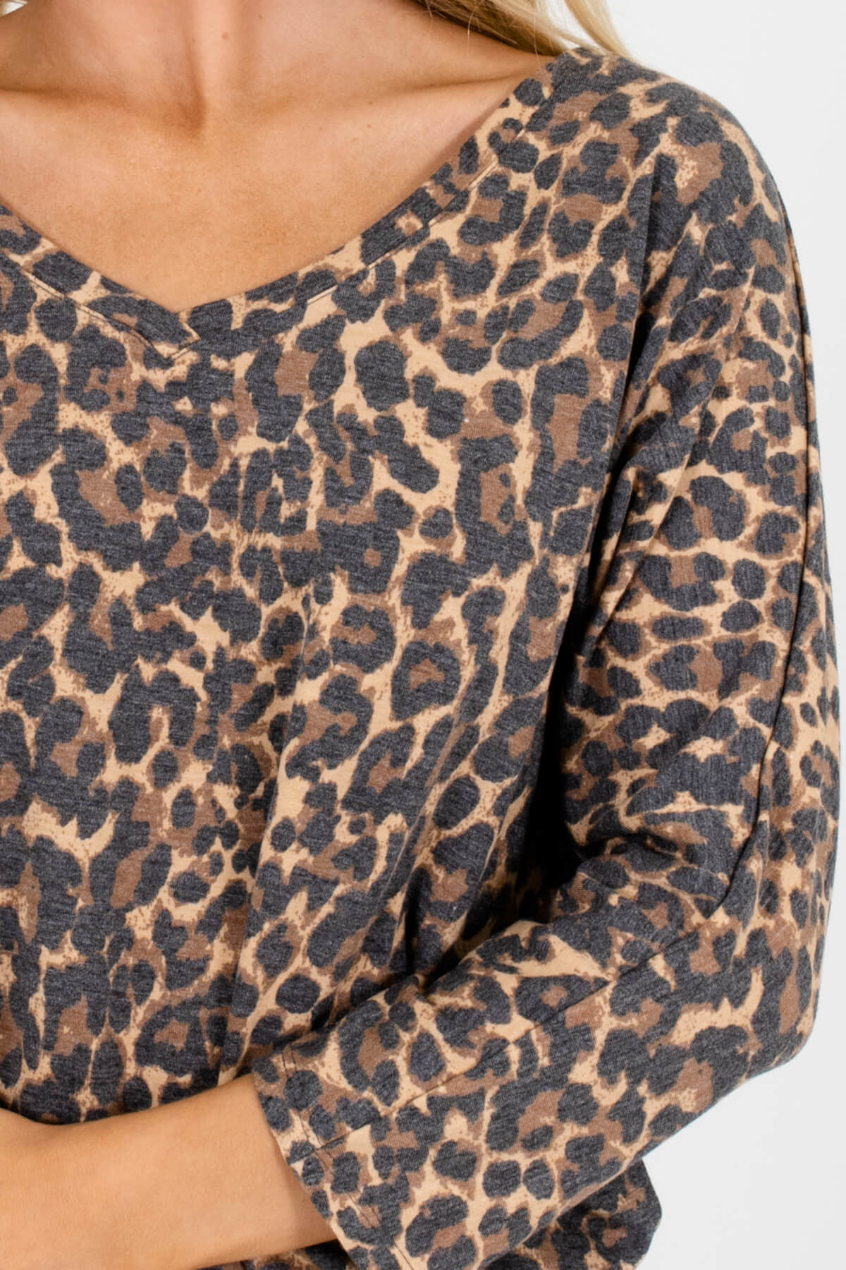 Beige Brown Black Faded Leopard Print Dolman Tops for Women