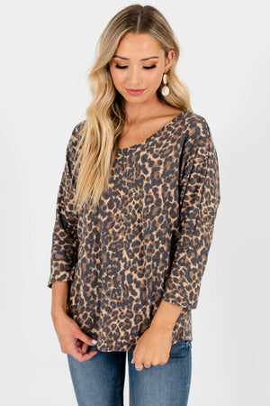 Beige Brown Faded Leopard Print Tops Affordable Online Boutique