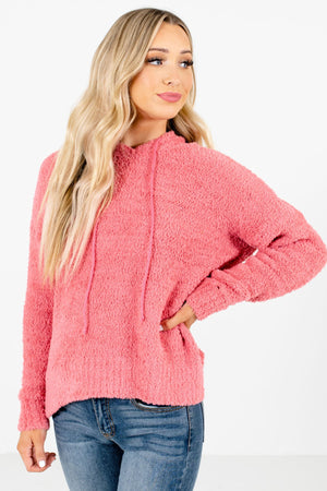 Coral Pink Fuzzy Chenille Material Boutique Hoodies for Women