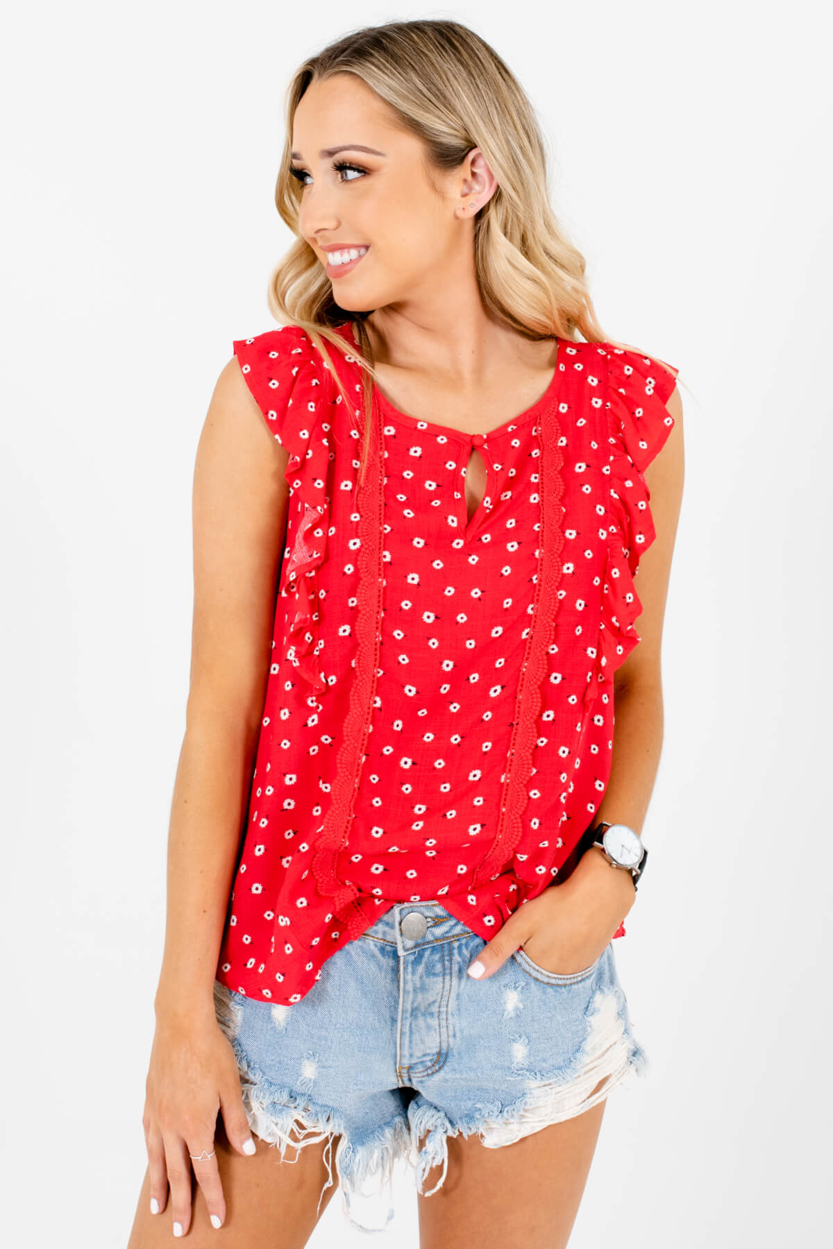 Red Daisy Floral Patterned Boutique Tops for Women