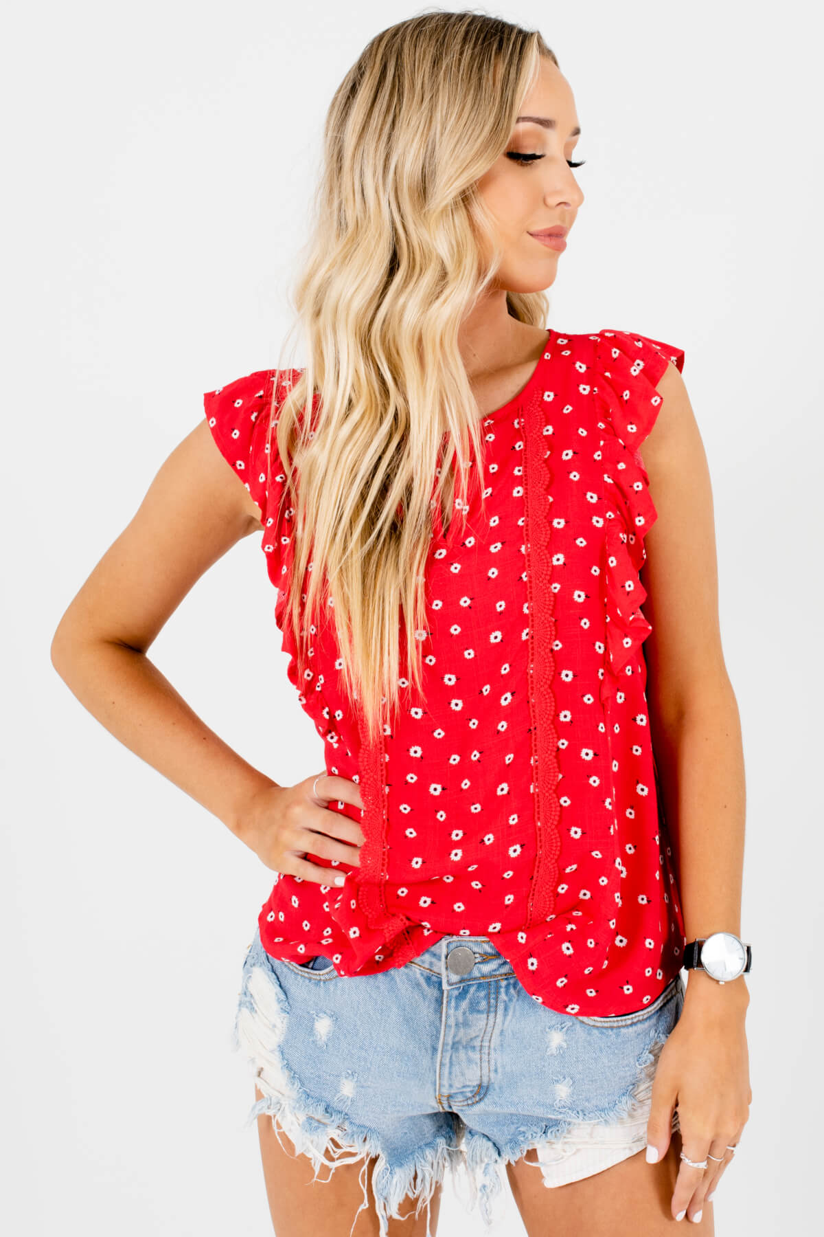 Red Crochet Detailed Boutique Tops for Women