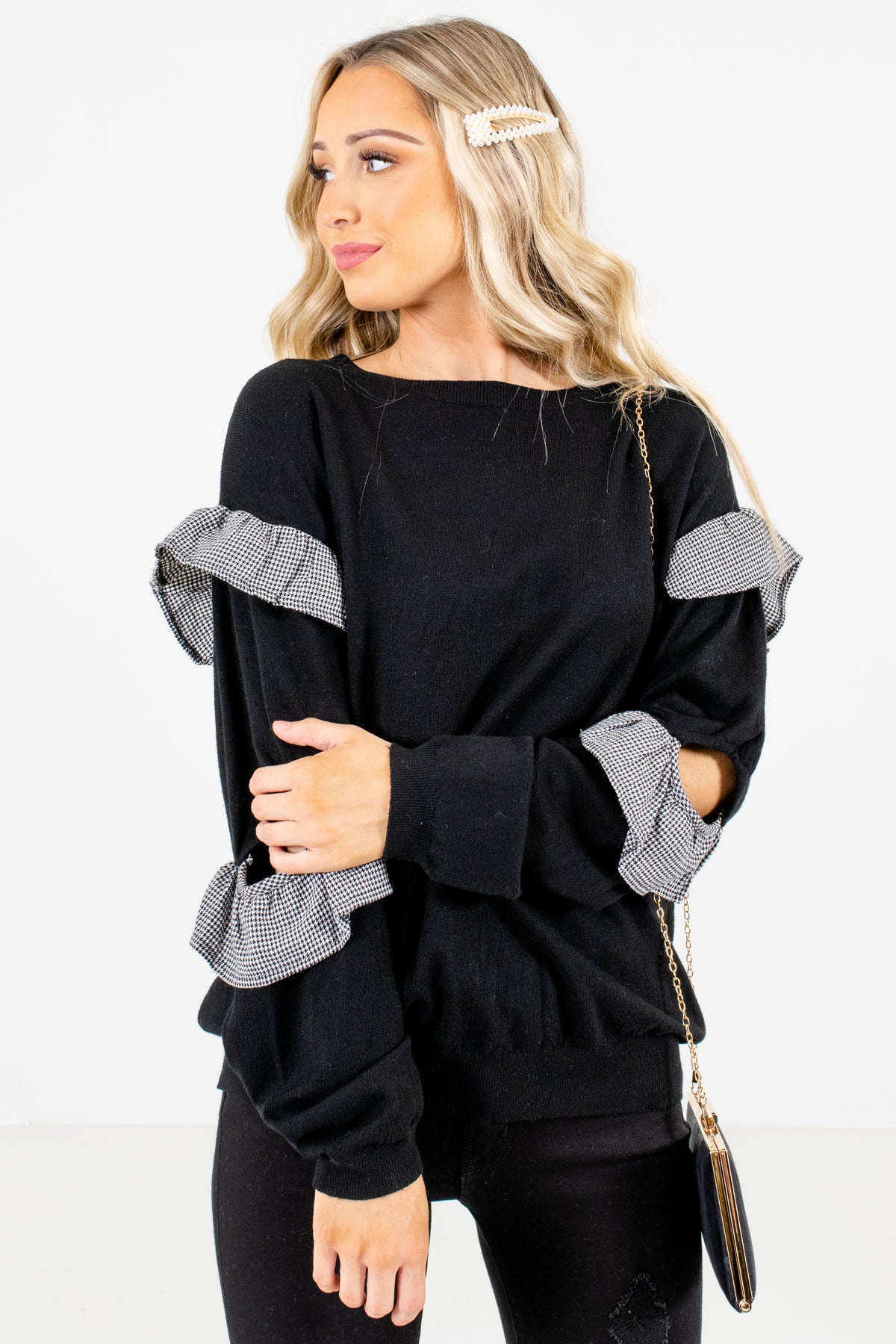 Women's Black High-Quality Knit Material Boutique Tops
