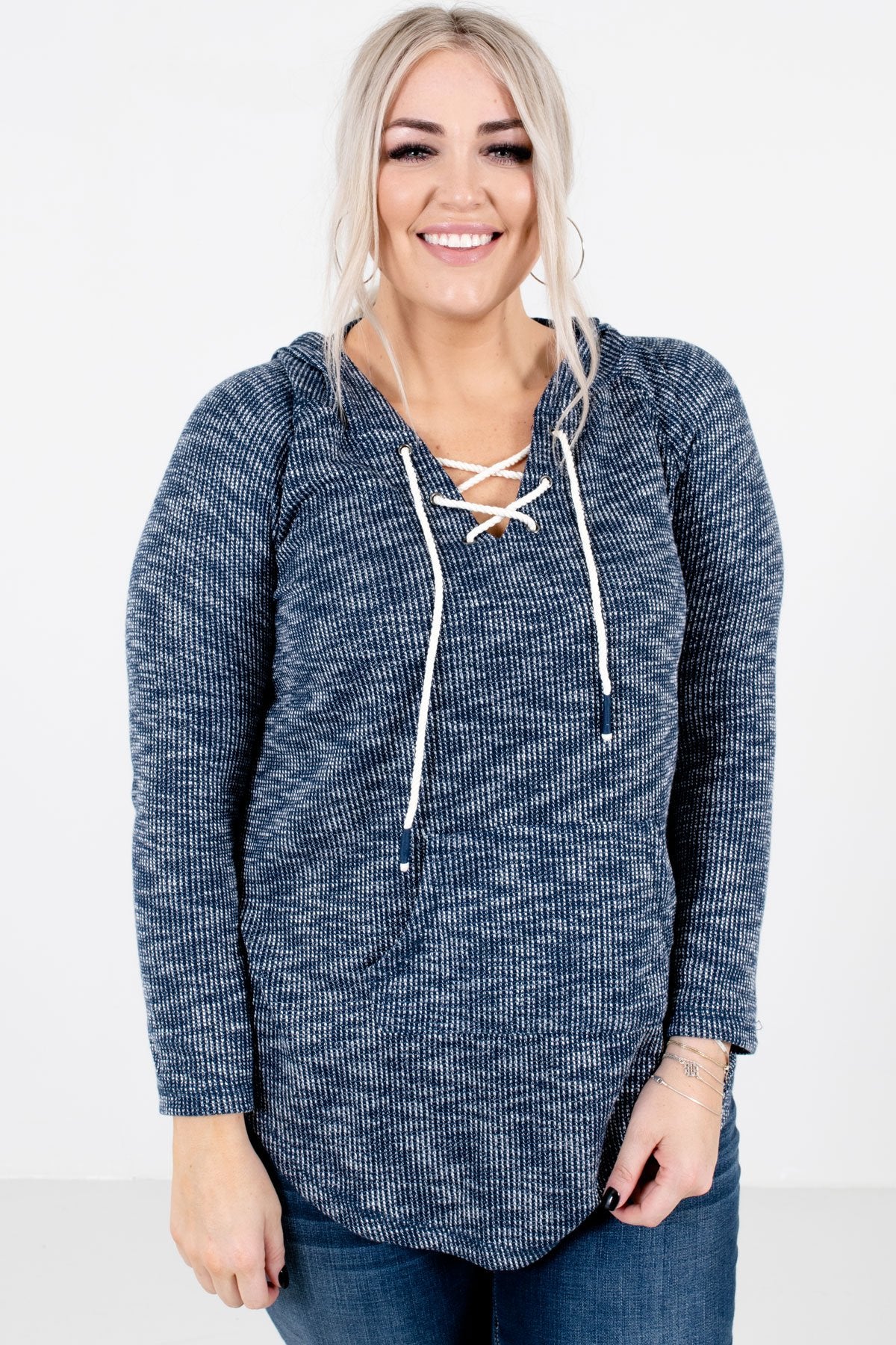 Heather Navy Knit Material Boutique Hoodies for Women