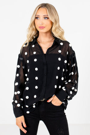 Black and White Chenille Polka Dot Embroidered Boutique Blouses for Women
