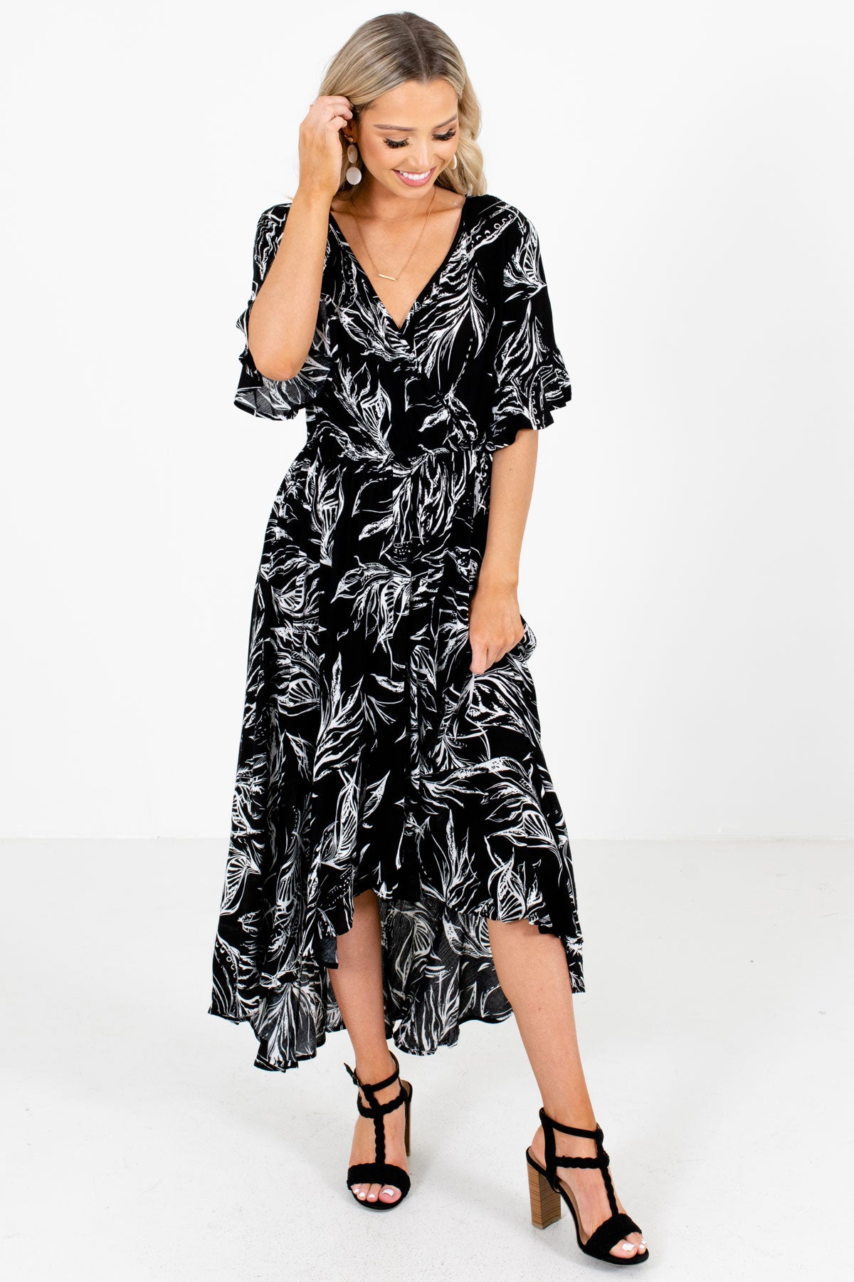 Black Tropical Leaf Patterned Boutique Maxi Dresses for Women