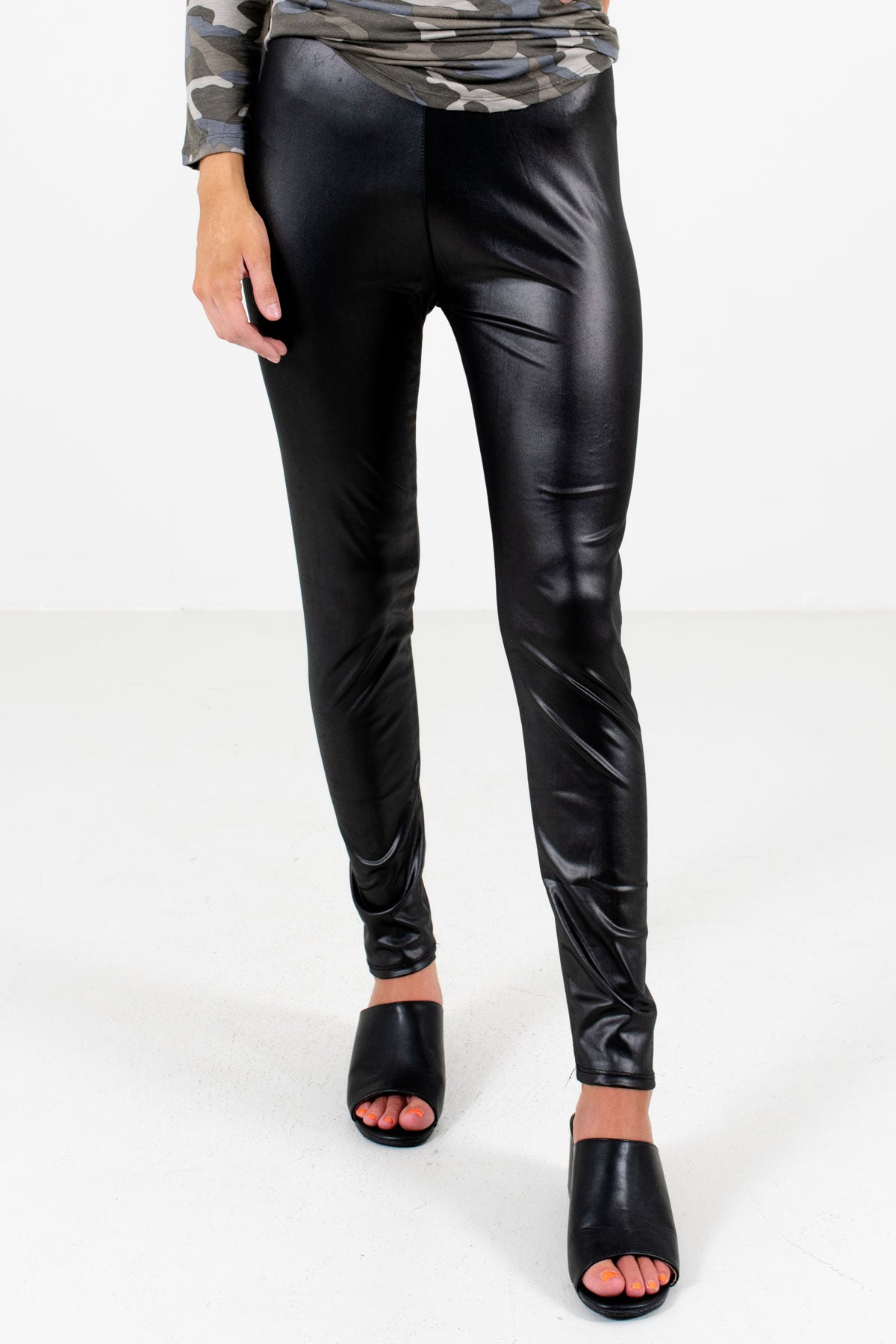 Black Faux Leather Material Boutique Leggings for Women