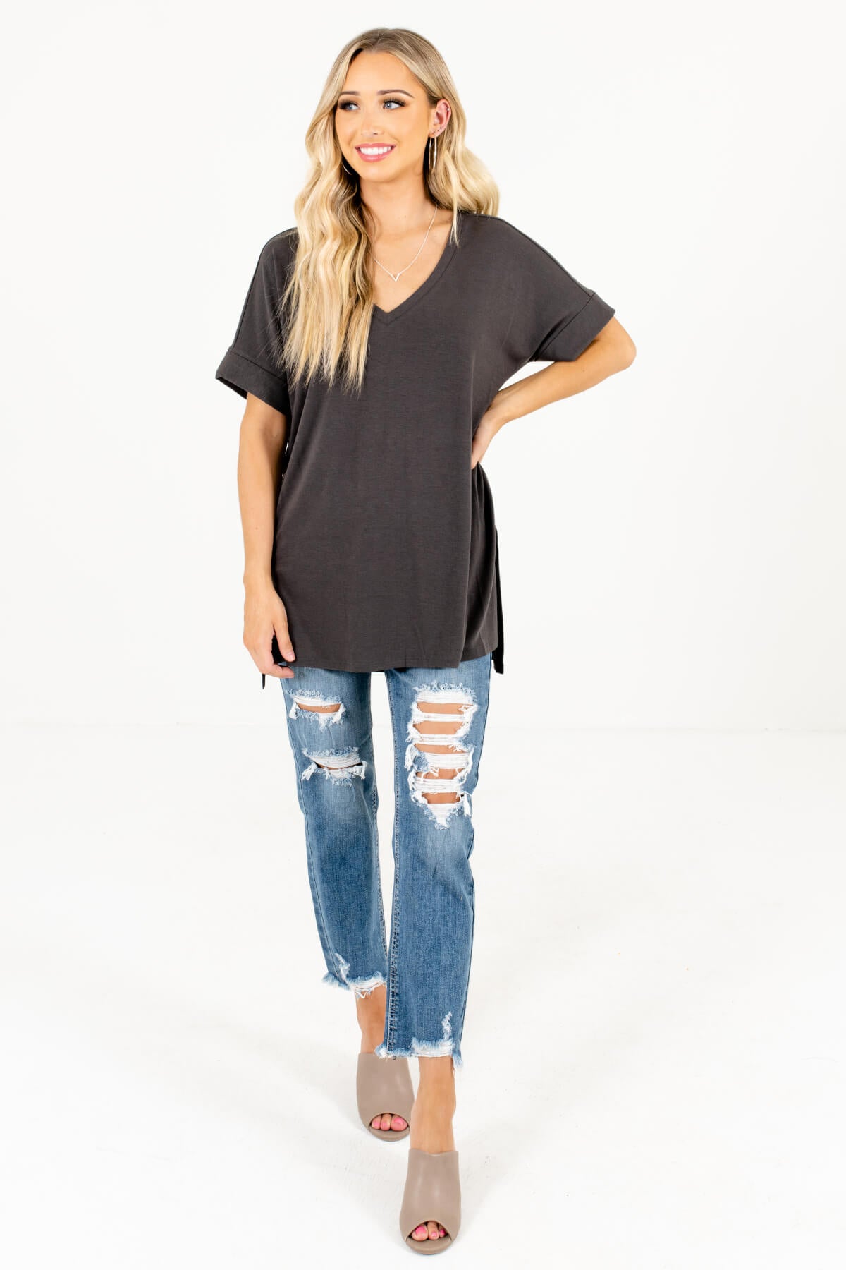 Ash Gray Lightweight Material Boutique Tops for Women