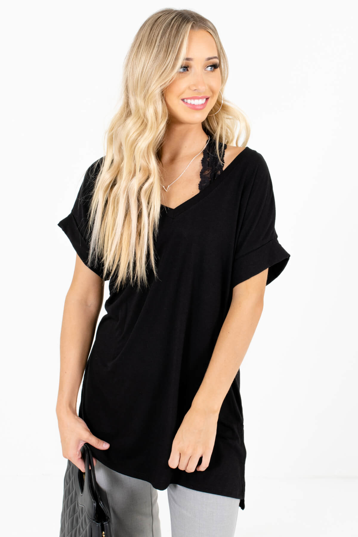 Black Lightweight Material Boutique Tops for Women