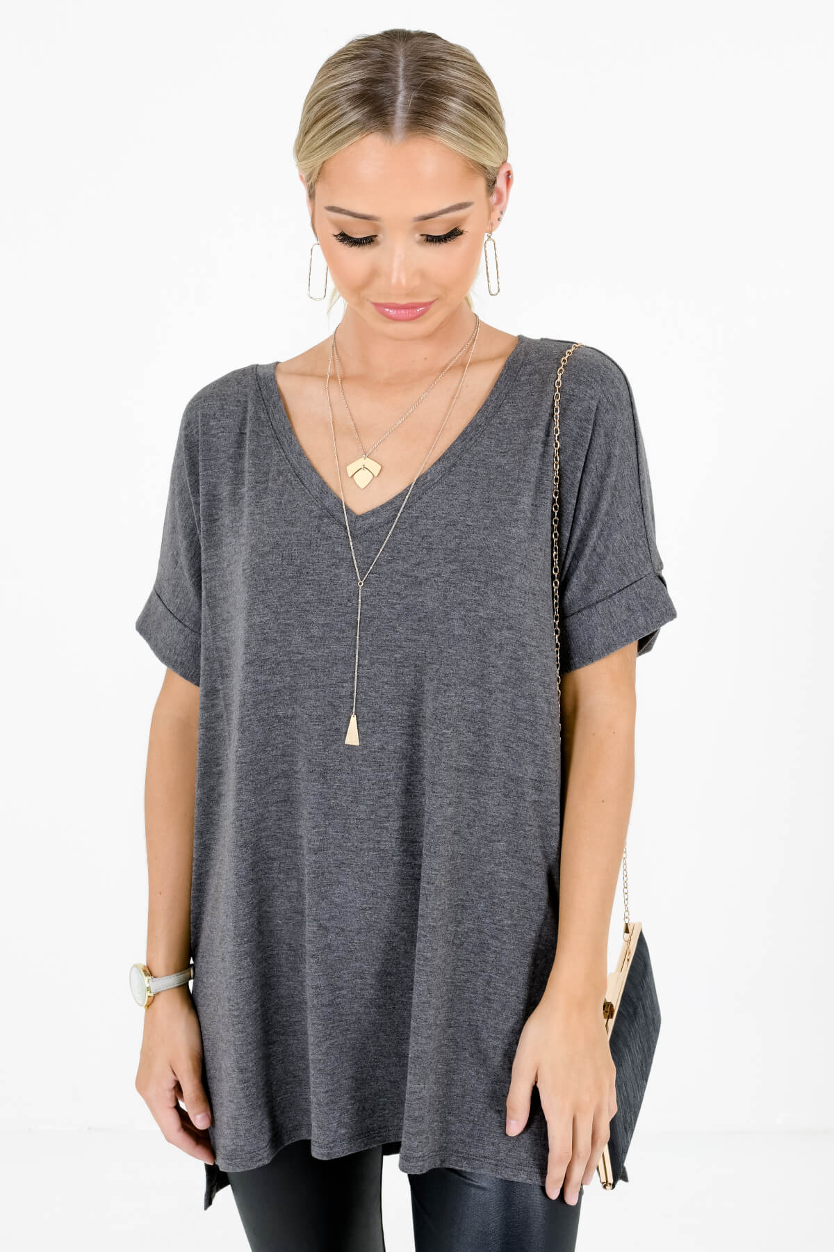 Charcoal Gray V-Neckline Boutique Tops for Women