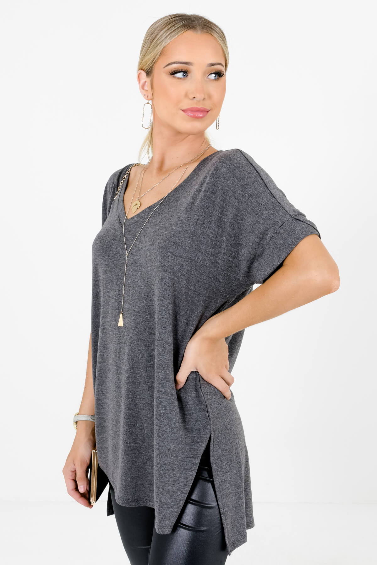 Charcoal Gray Layering Boutique Tops for Women