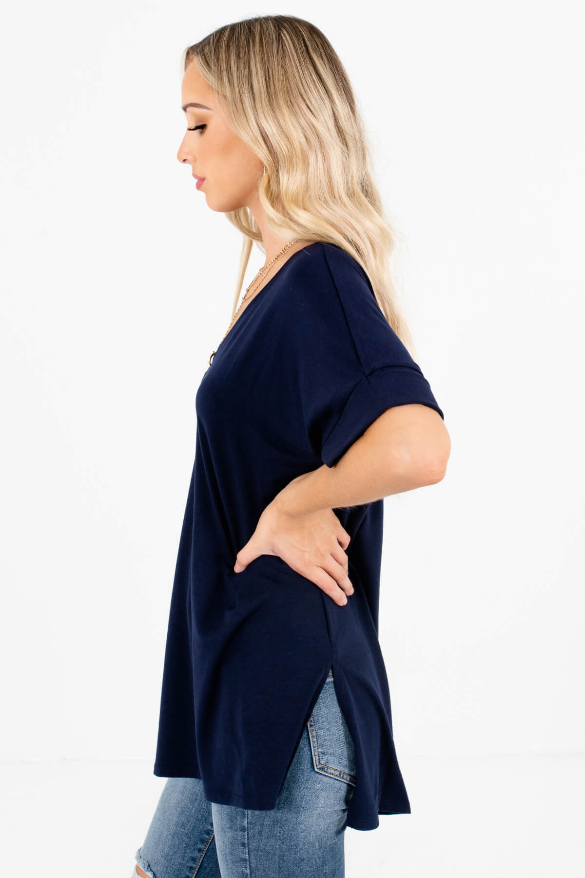 Navy Blue Layering Boutique Tops for Women