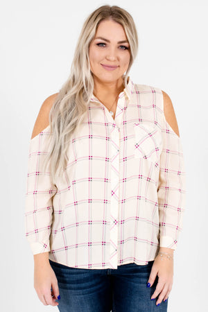 Cream Plaid Cute and Comfortable Plus Size Boutique Tops for Women