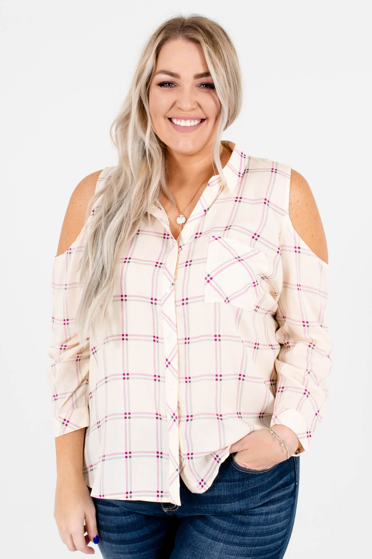 Cream Purple and Slate Plaid Patterned Plus Size Boutique Tops for Women