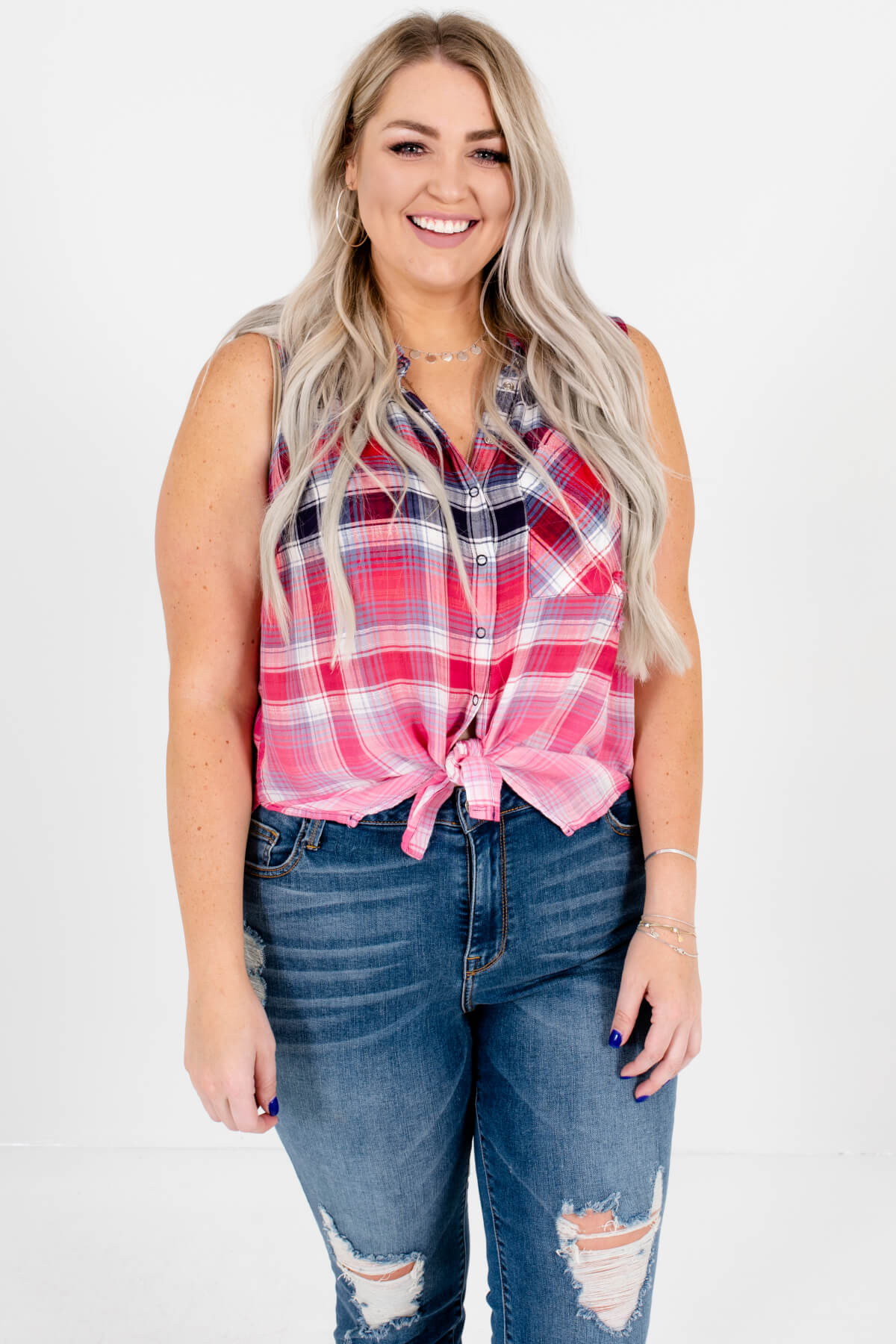 Red Navy Ombre Plaid Button Up Tank Tops Plus Size Boutique
