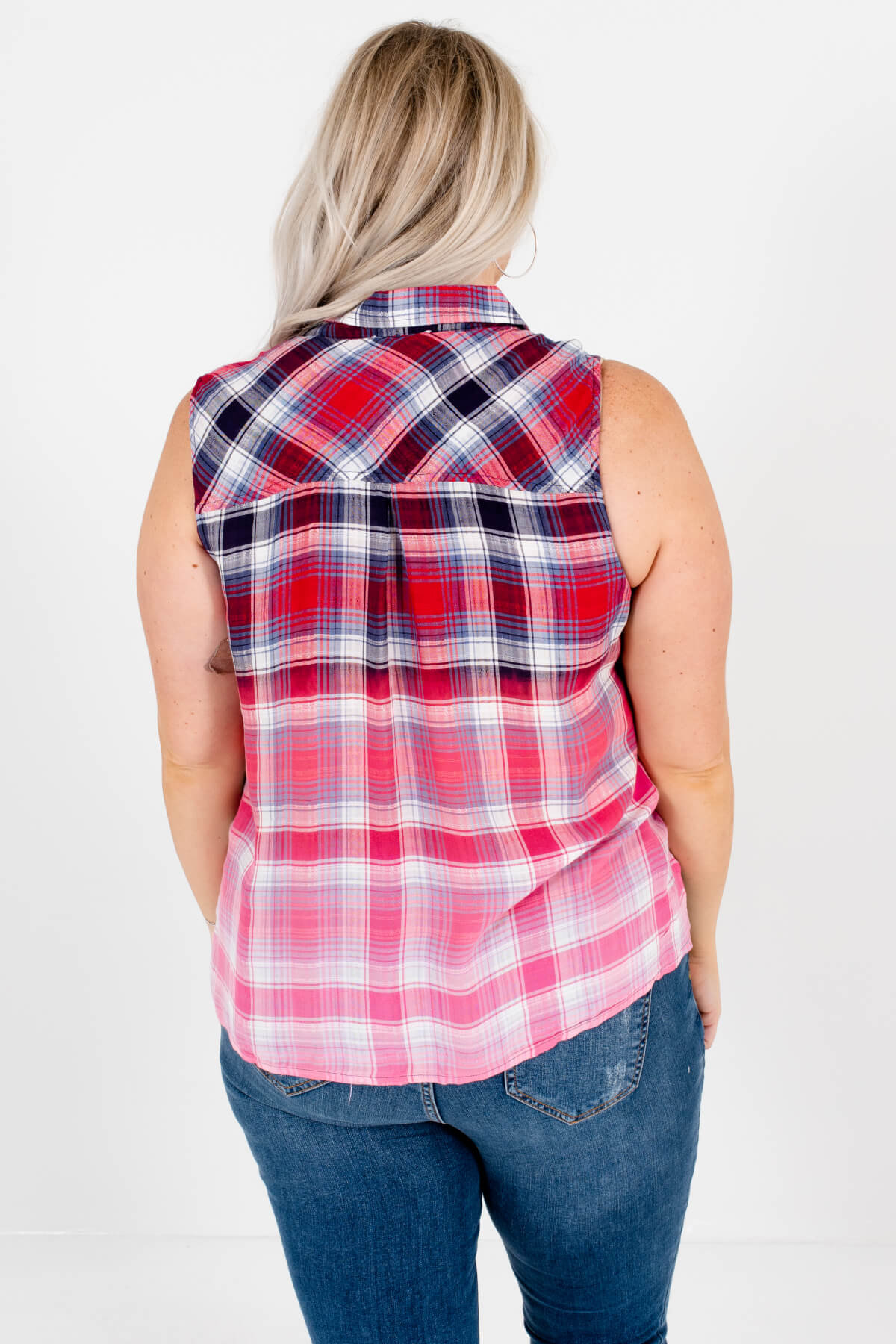 Red Navy Plaid Ombre Button Up Tank Tops Plus Size Boutique