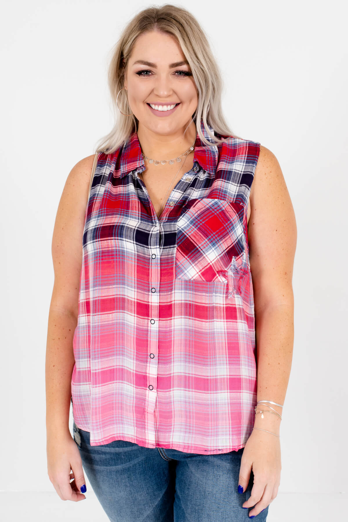 Red Navy White Ombre Plaid Plus Size Button Up Tank Tops
