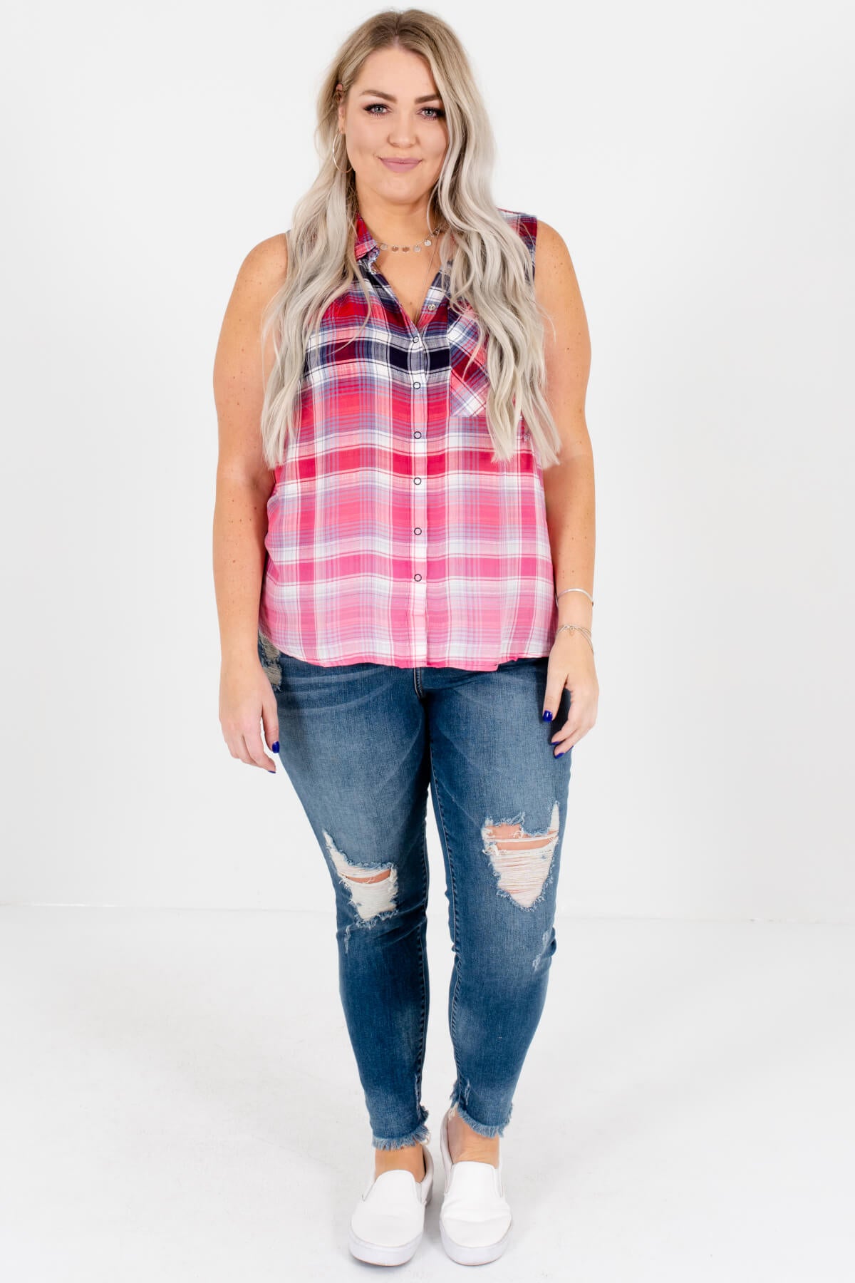 Red White and Blue Ombre Plaid Plus Size Boutique Tank Tops